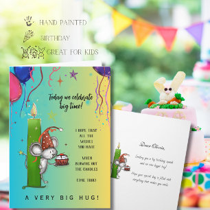 Big Birthday Squeak Cute Watercolor Mouse & Candle Holiday Card