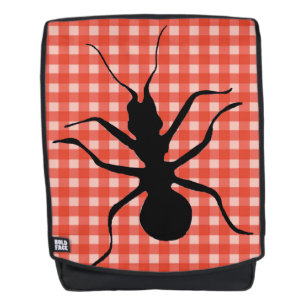 Big Black Ant Illustration on Red White Plaid Backpack