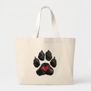 Big Black Paw Print With Heart Large Tote Bag