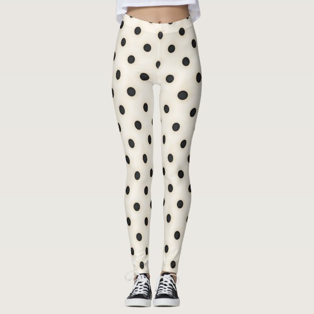 Big Black Polka Dots on Antique White Leggings (Front)