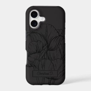 Big Black Tulips Line Drawing on Grey with Name