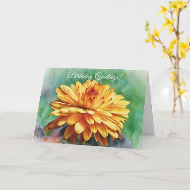 Big Blooming Mum Chrysanthemum Art Birthday Card (Yellow Flower)