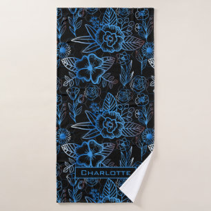 Big blossom floral pattern blue personalised name bath towel