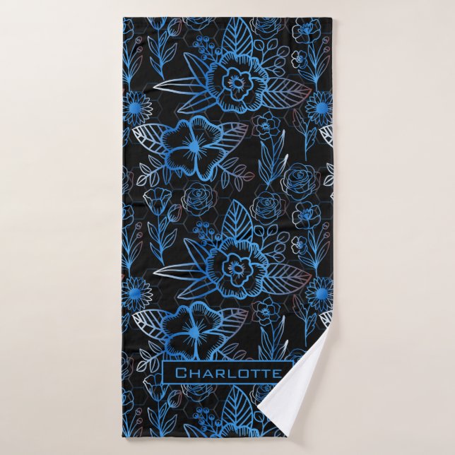 Big blossom floral pattern blue personalised name  bath towel (Bath Towel)