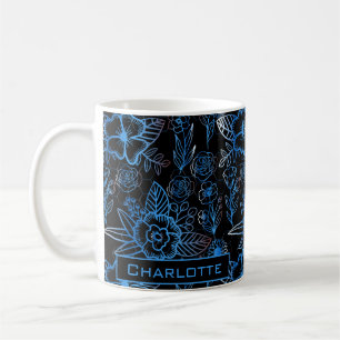 Big blossom floral pattern blue personalised name  coffee mug