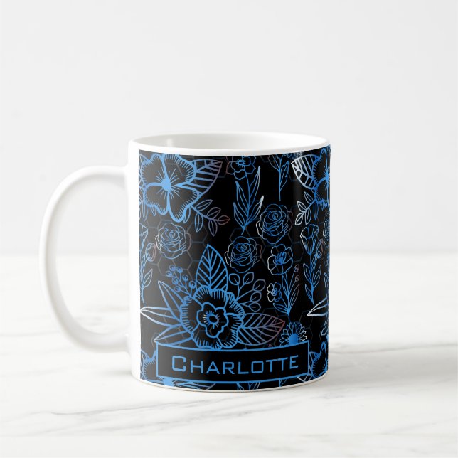 Big blossom floral pattern blue personalised name  coffee mug (Left)