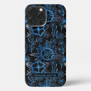 Big blossom floral pattern blue personalised name iPhone 13 pro max case