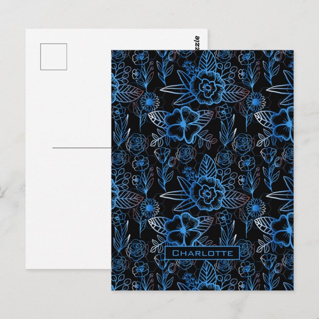 Big blossom floral pattern blue personalised name  postcard (Front/Back)