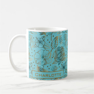 Big blossom floral pattern gold personalised name  coffee mug