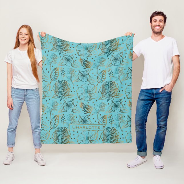 Big blossom floral pattern gold personalised name  fleece blanket (In Situ)