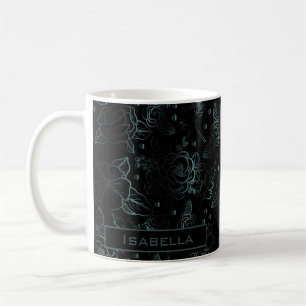 Big blossom floral pattern grey personalised name coffee mug