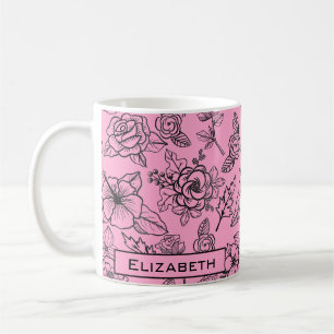 Big blossom floral pattern pink personalised name coffee mug