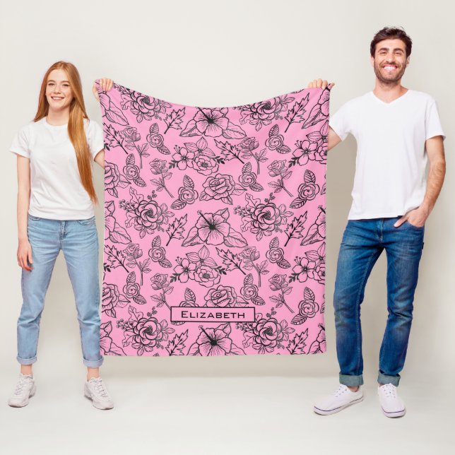 Big blossom floral pattern pink personalised name  fleece blanket (In Situ)