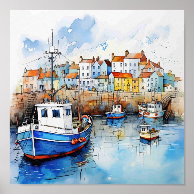 Big Blue Boat In The Seaside Harbour Poster (Front)
