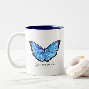 Big Blue Butterfly Watercolor Personalised Text Two-Tone Coffee Mug