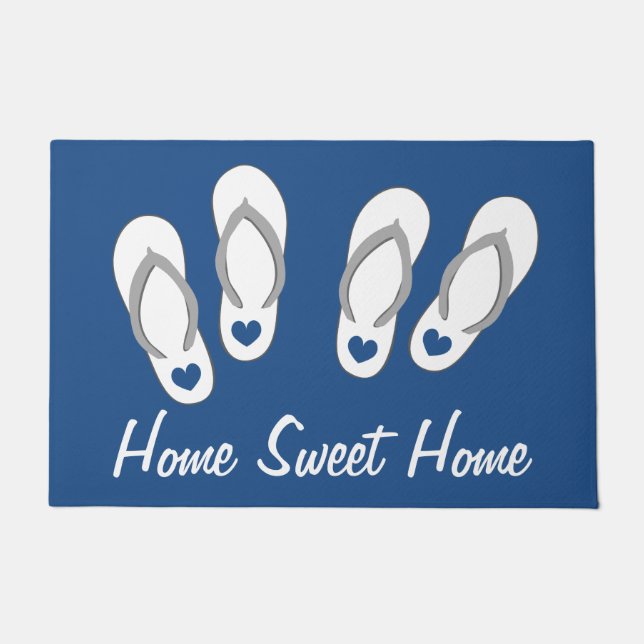 Big blue door mat with beach slippers and quote (Front)