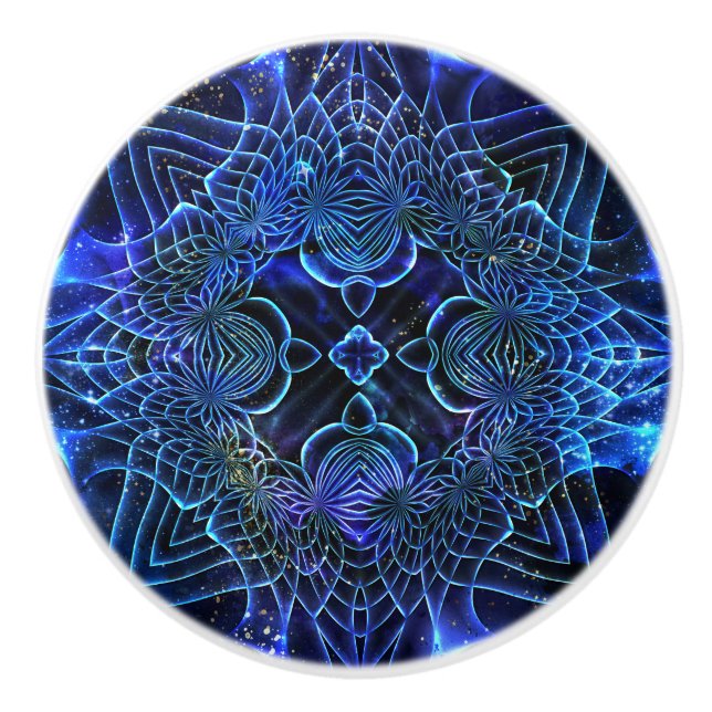 Big Blue Electric Galactic Geometry Ceramic Knob (Front)