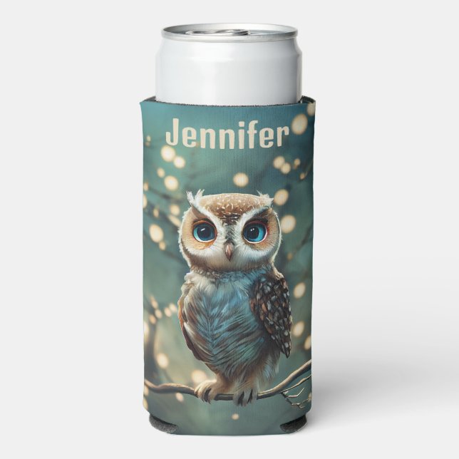 Big Blue Eye Owl Personalise Name Tall Seltzer Can Cooler (Seltzer Back)