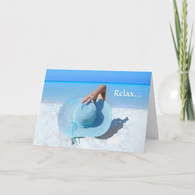 Big Blue Hat on Beach Retirement Card (Front)