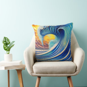 Big Blue Ocean Wave Over Sunset Sky Cushion