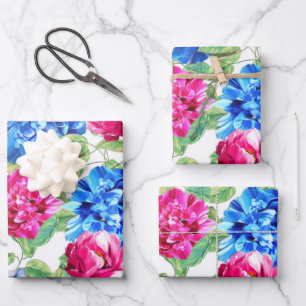 BIG BLUE & PINK HYDRANGEA FLORAL WRAPPING PAPER