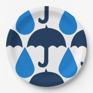 Big Blue Raindrops and Umbrellas Paper Plate