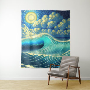 Big Blue Wave Full Moon Clouds Tapestry