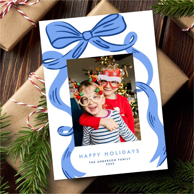 Big Bold Bright Blue Bow Christmas Photo Holiday Card (Creator Uploaded)
