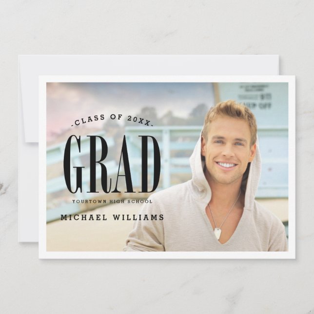Big Bold Grad | White Text Photo Graduation Party Invitation (Front)