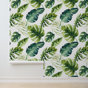 Big Bold Green Tropical Leaves Pattern Wallpaper