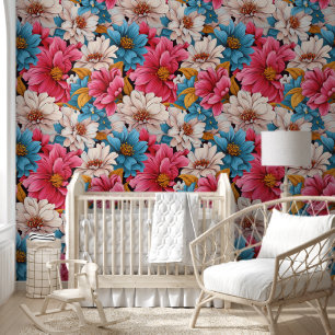 Big Bold Pink Blue White Flower Colourful Pattern Wallpaper
