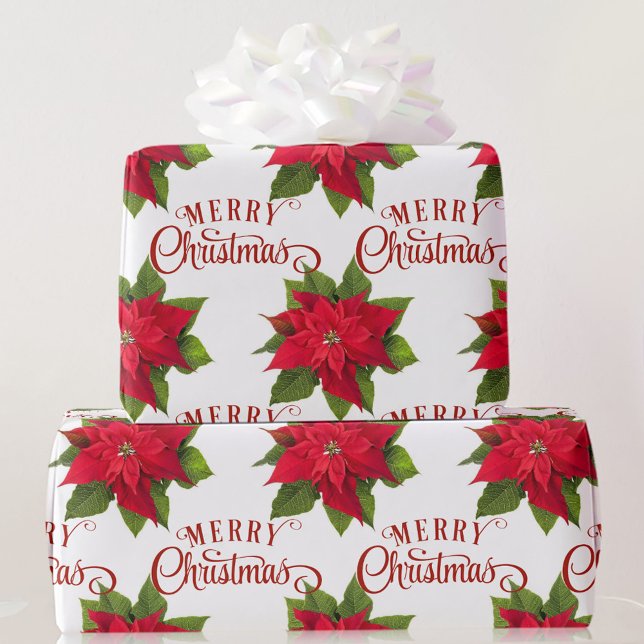 Big Bold Poinsettia Red Merry Christmas White Wrapping Paper (Creator Uploaded)