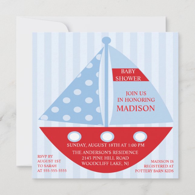 Big Bold Red Blue SAILBOAT Boy Baby Shower Invitation (Front)
