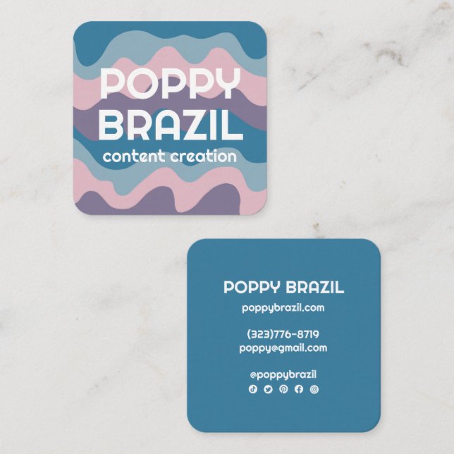 BIG BOLD RETRO Curvy Wavy Stripes Soft Pink Blue Square Business Card (Front/Back)