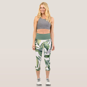 Big, Bold Watercolor Leaf Pattern Capri Leggings