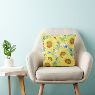 Big Bold Yellow Sunflowers with Blue Cushion