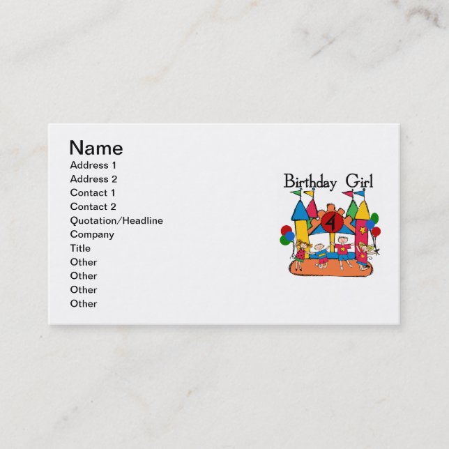 Big Bounce Girl 4th Birthday T-shirts and Gifts Business Card (Front)