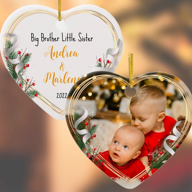 Big Bro Little Sis Photo Holly Pine Gold Frame Ornament (Creator Uploaded)