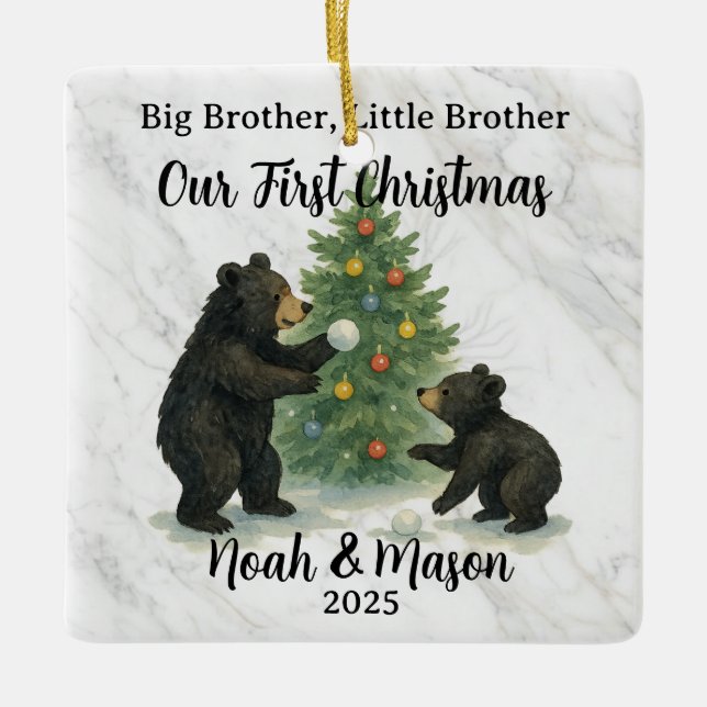 Big Brother Little Brother Bear Custom Christmas Ceramic Ornament (Front)