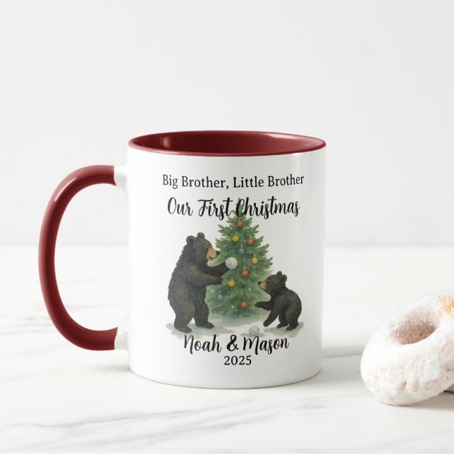 Big Brother Little Brother Bear Custom Christmas Mug (With Donut)