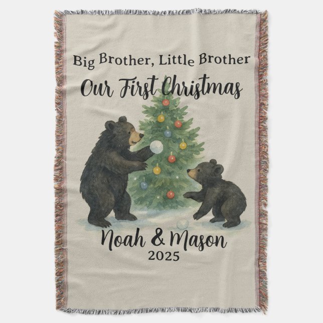Big Brother Little Brother Bear Custom Christmas Throw Blanket (Front Vertical)