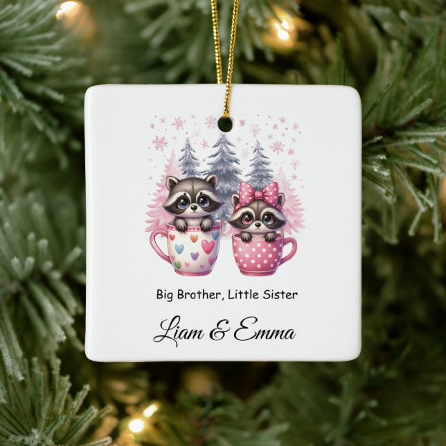 Big Brother Little Sister Racoon Christmas Ceramic Ornament (Tree)