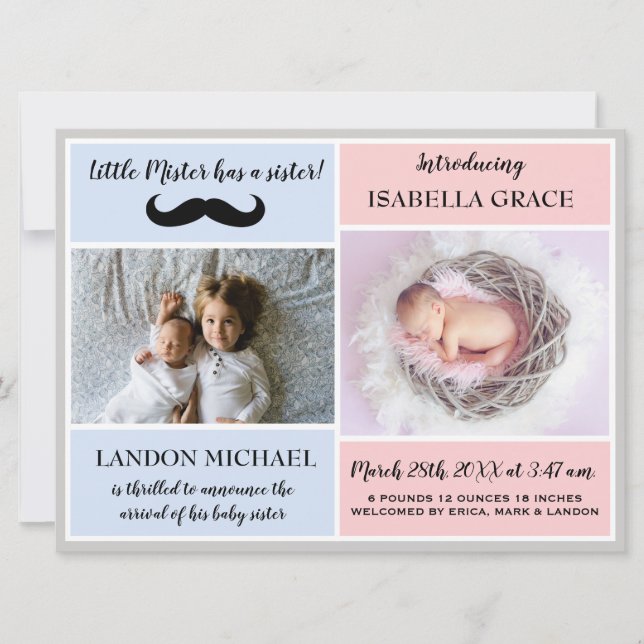 Big Brother Sibling Baby Girl Birth Announcement (Front)