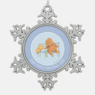 Big Brown Bear Helps Little Yellow Bear Snowflake Pewter Christmas Ornament