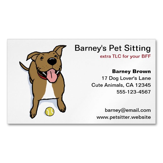 Big Brown Cartoon Dog with Tennis Ball Magnetic Business Card (Front)