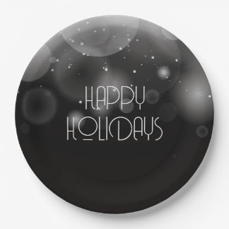 Big Bubbles Bokeh Black Happy Holidays Paper Plate