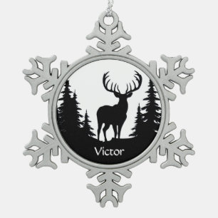 Big Buck Among Pine Trees Vector Custom Name Snowflake Pewter Christmas Ornament