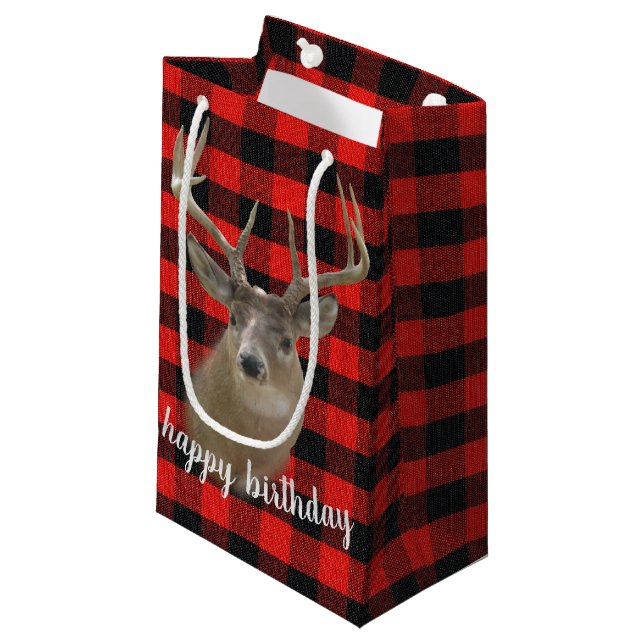 big buck deer on lumberjack plaid small gift bag (Front Angled)