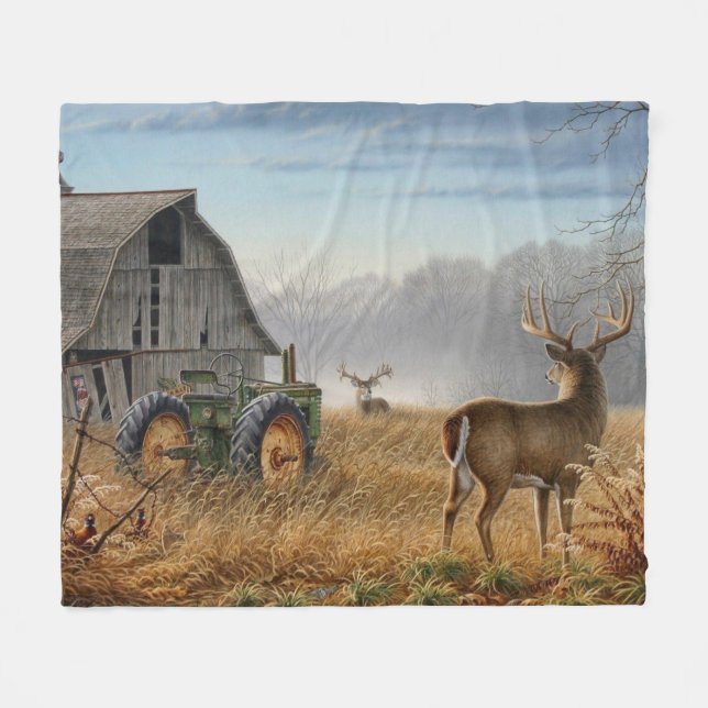 Big Buck  Deer Showdown On The Farm Fleece Blanket (Front (Horizontal))