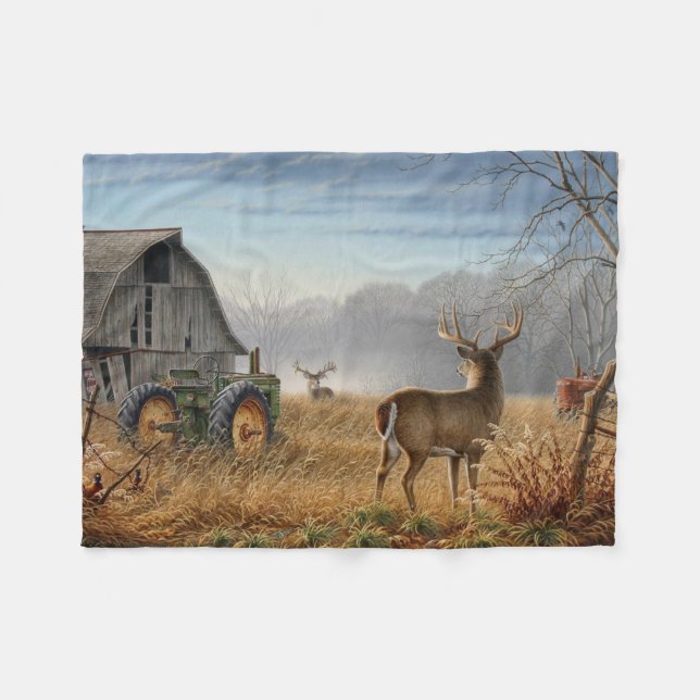 Big Buck  Deer Showdown On The Farm Fleece Blanket (Front (Horizontal))